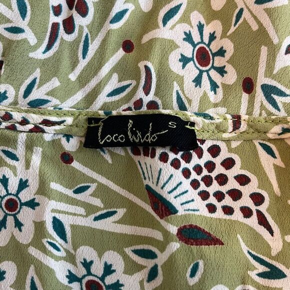 Loco Lindo Y2K Vintage Small Green Floral Silky Ruched Front Tie Blouse Top - Picture 4 of 7